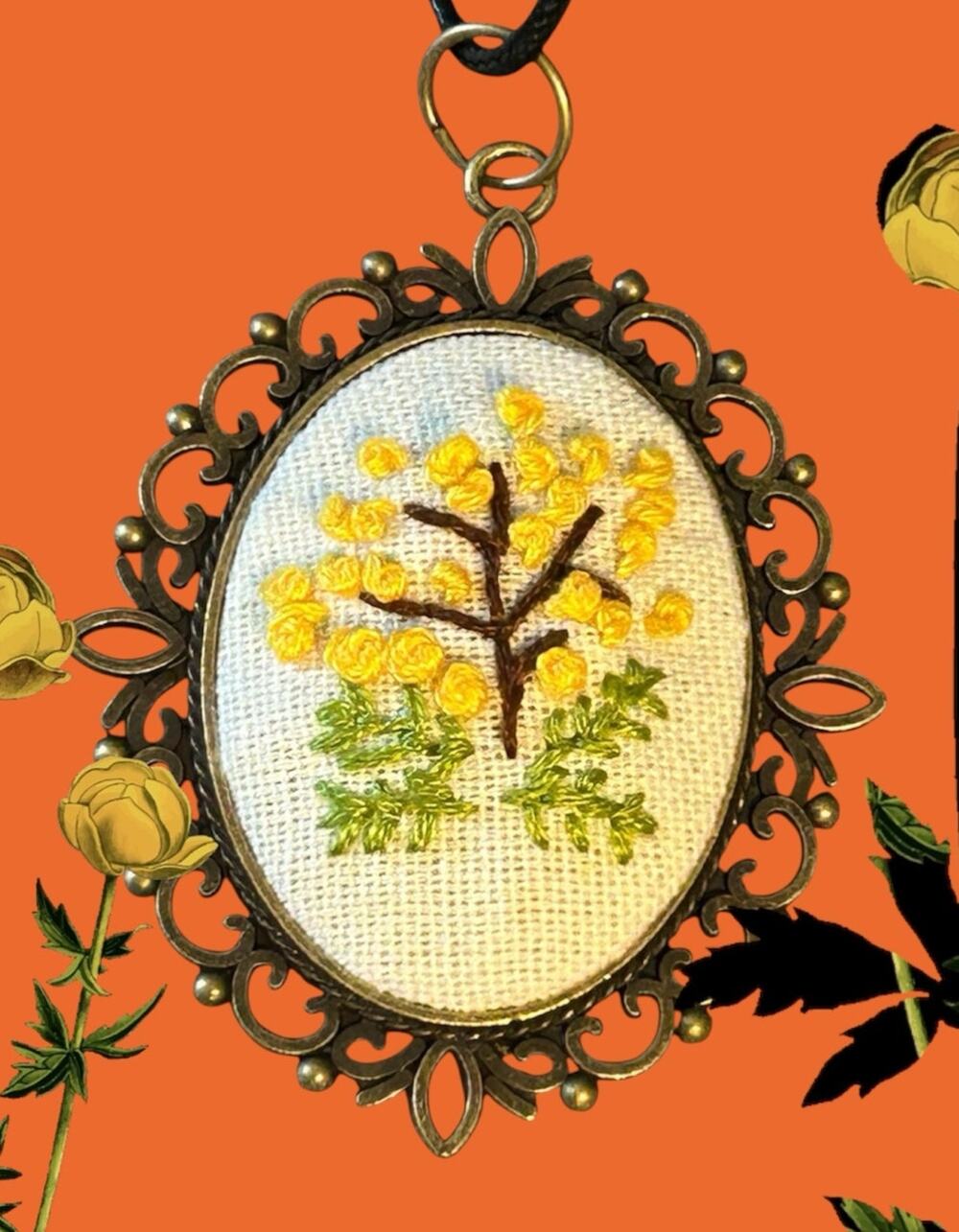 Handmade Yellow Floral Floral Pendant necklace - Embroidery Necklace